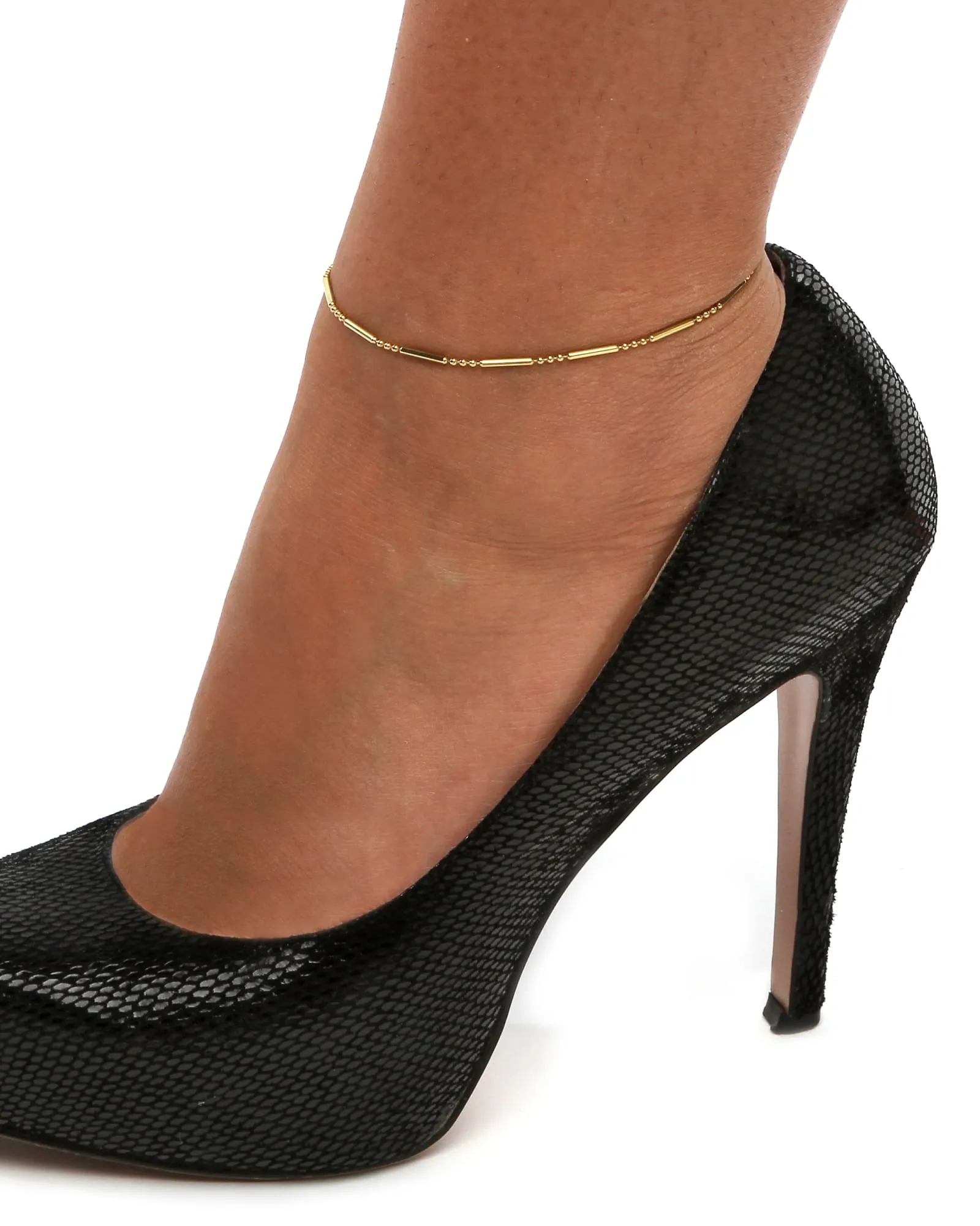 18k Yellow Gold-plated Sterling Silver Bar and Bead Link Ankle Bracelet 11" | Yellow