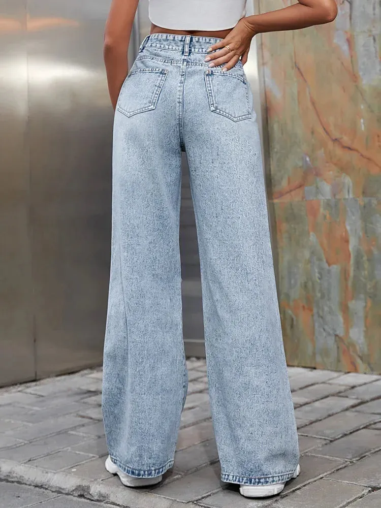 2023 Fall High Waist Straight Women's Ripped Jeans Women New Blue Denim Trousers Fashion Streetwear Wide Leg Baggy Pants Casual