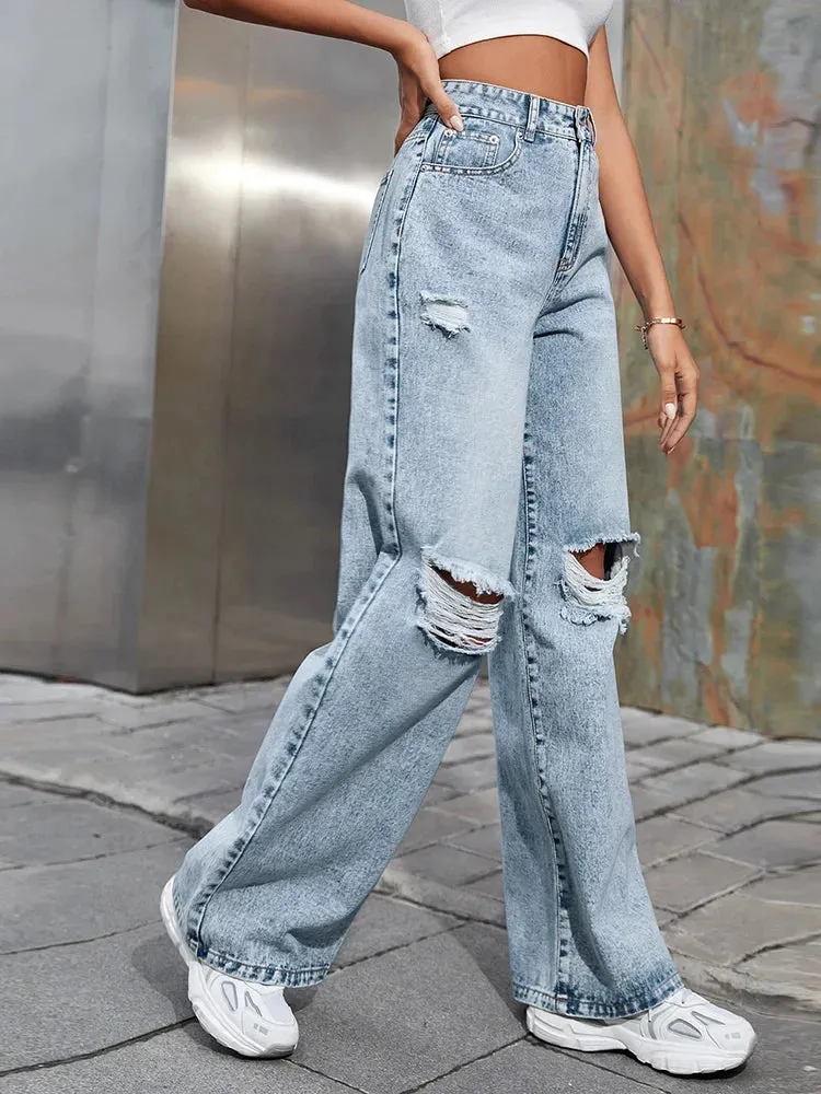 2023 Fall High Waist Straight Women's Ripped Jeans Women New Blue Denim Trousers Fashion Streetwear Wide Leg Baggy Pants Casual