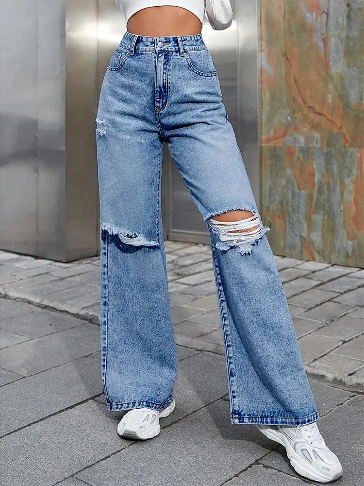 2023 Fall High Waist Straight Women's Ripped Jeans Women New Blue Denim Trousers Fashion Streetwear Wide Leg Baggy Pants Casual