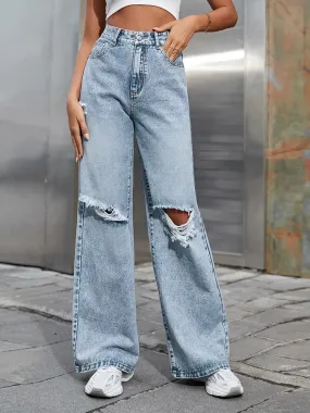 2023 Fall High Waist Straight Women's Ripped Jeans Women New Blue Denim Trousers Fashion Streetwear Wide Leg Baggy Pants Casual