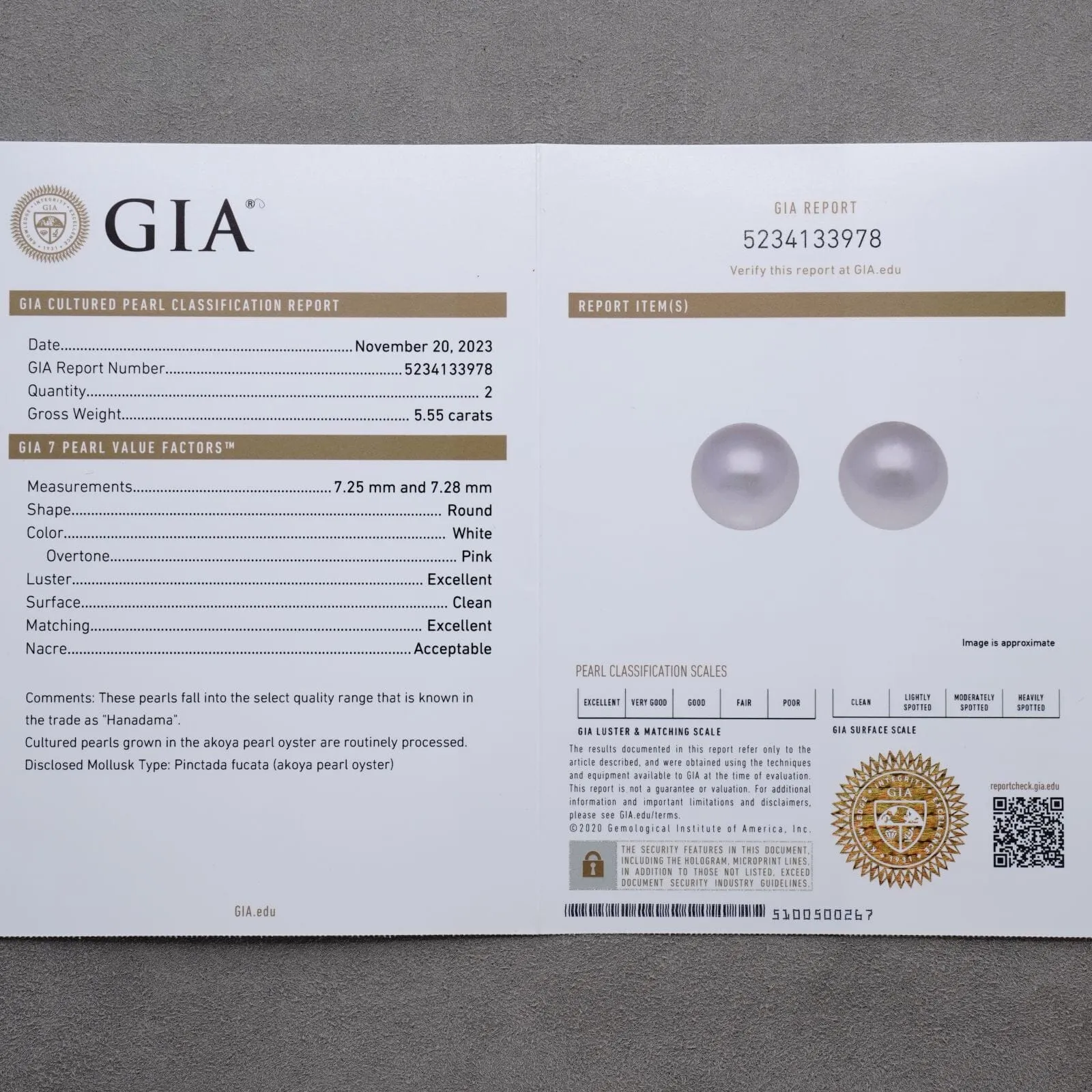 7.25 and 7.28 mm GIA Certified Hanadama Akoya Pearl Stud Earrings