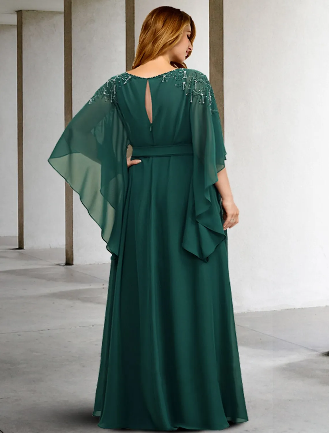 A-Line Mother of the Bride Dresses Plus Size Hide Belly Curve Elegant Dress Formal Floor Length Half Sleeve Jewel Neck Chiffon with Beading Strappy