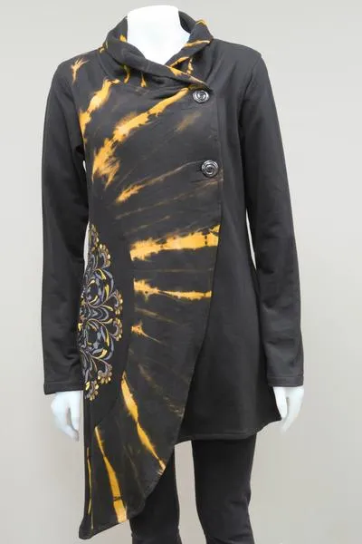 A-Symmetrical Button-up Black and Brown Tie-Dye Jacket