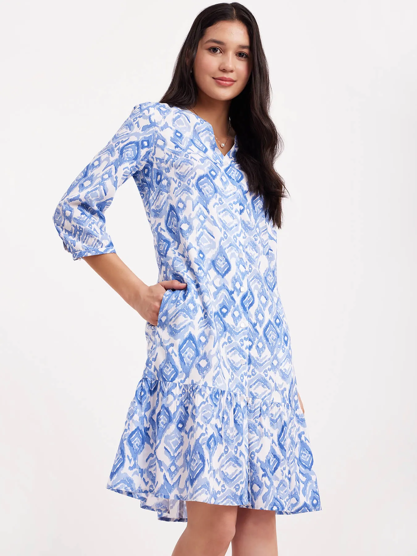 Abstract Print Shirt Dress - Blue And White