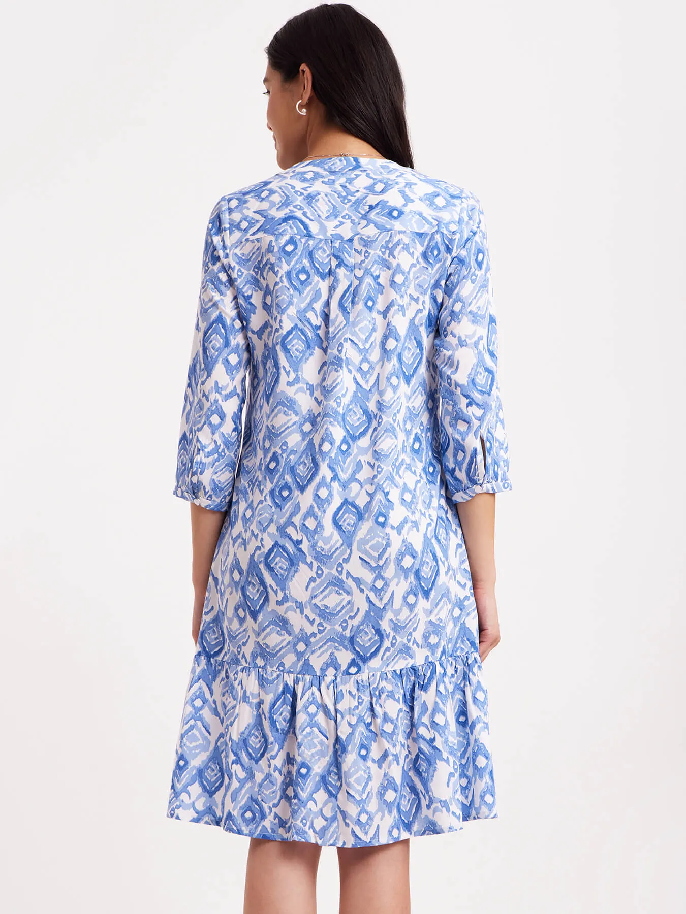 Abstract Print Shirt Dress - Blue And White