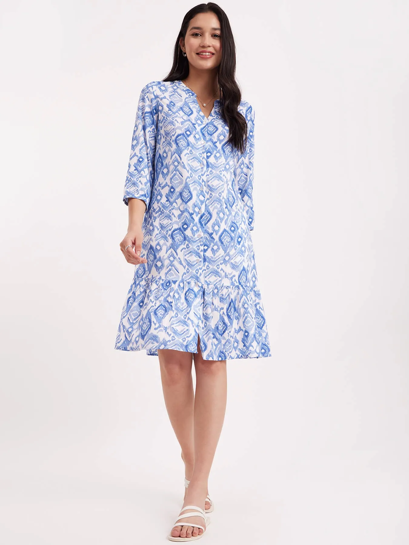 Abstract Print Shirt Dress - Blue And White