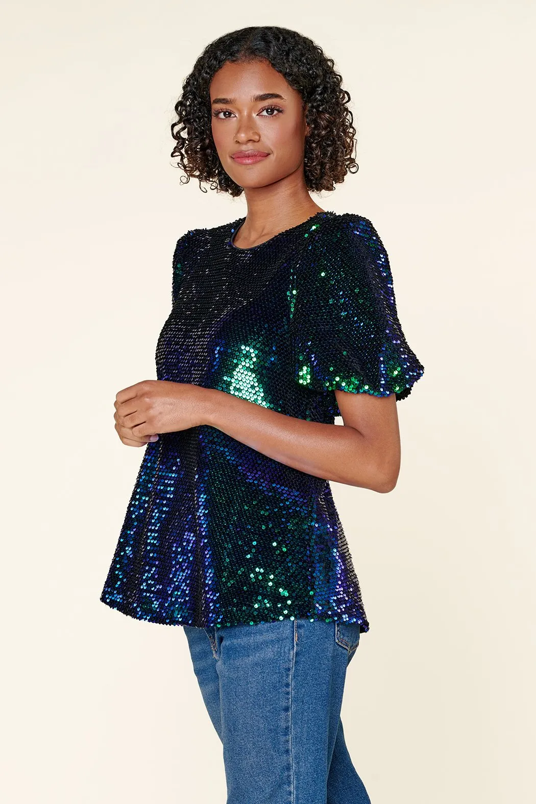 Alana Sequin Bubble Sleeve Top