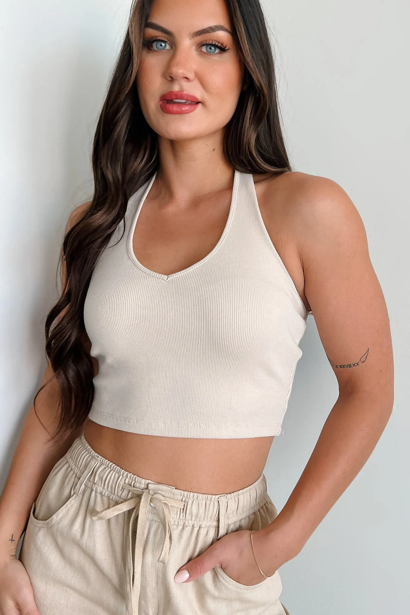 Alive & Well Ribbed Halter Crop Top (Eggshell)