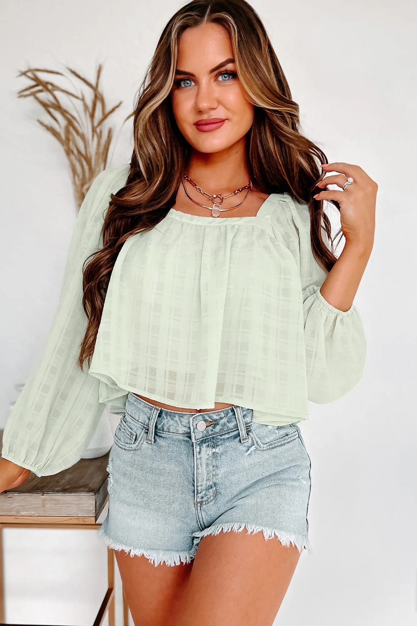 All In Time Textured Square Neck Top (Light Green)