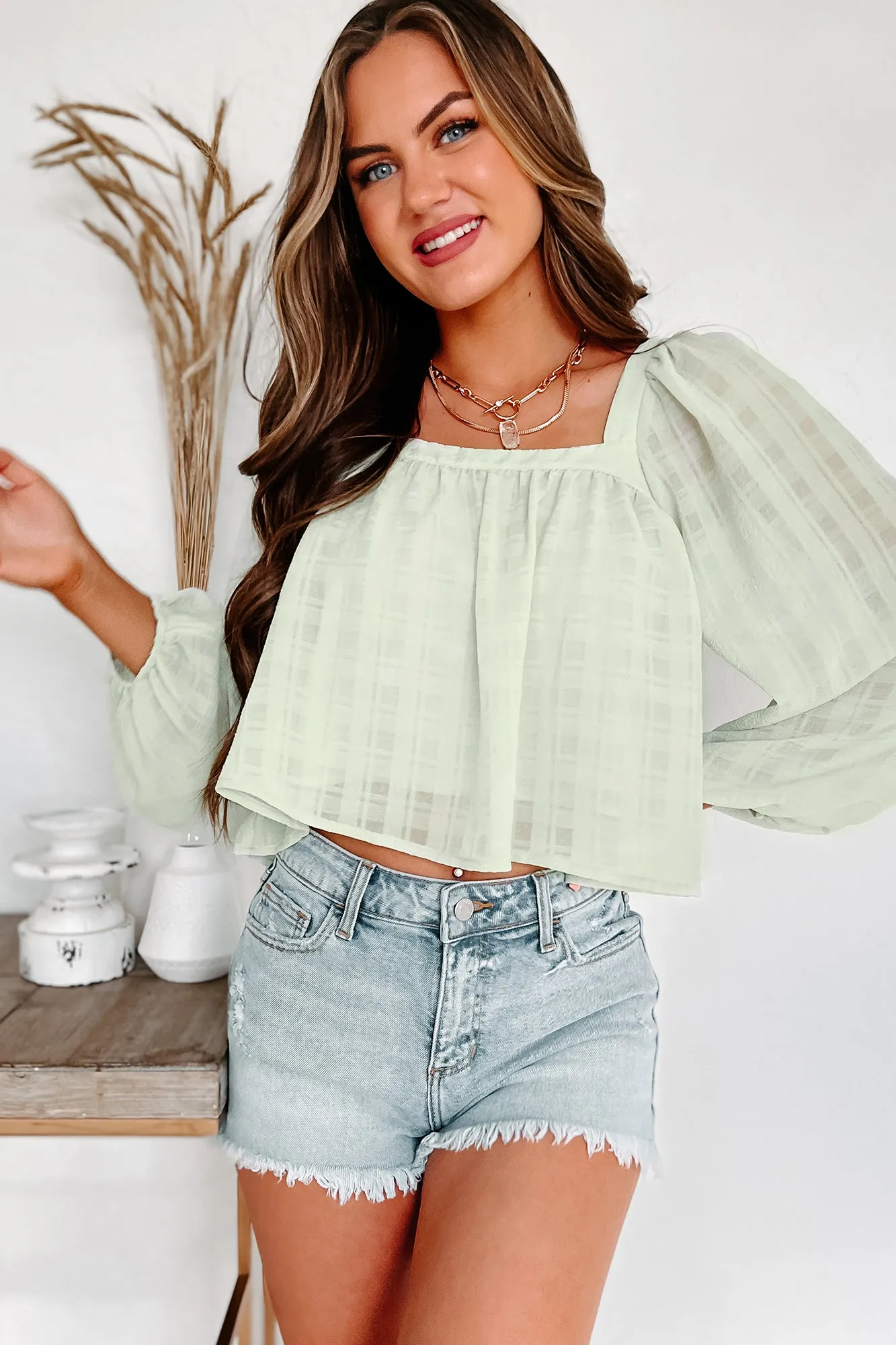 All In Time Textured Square Neck Top (Light Green)