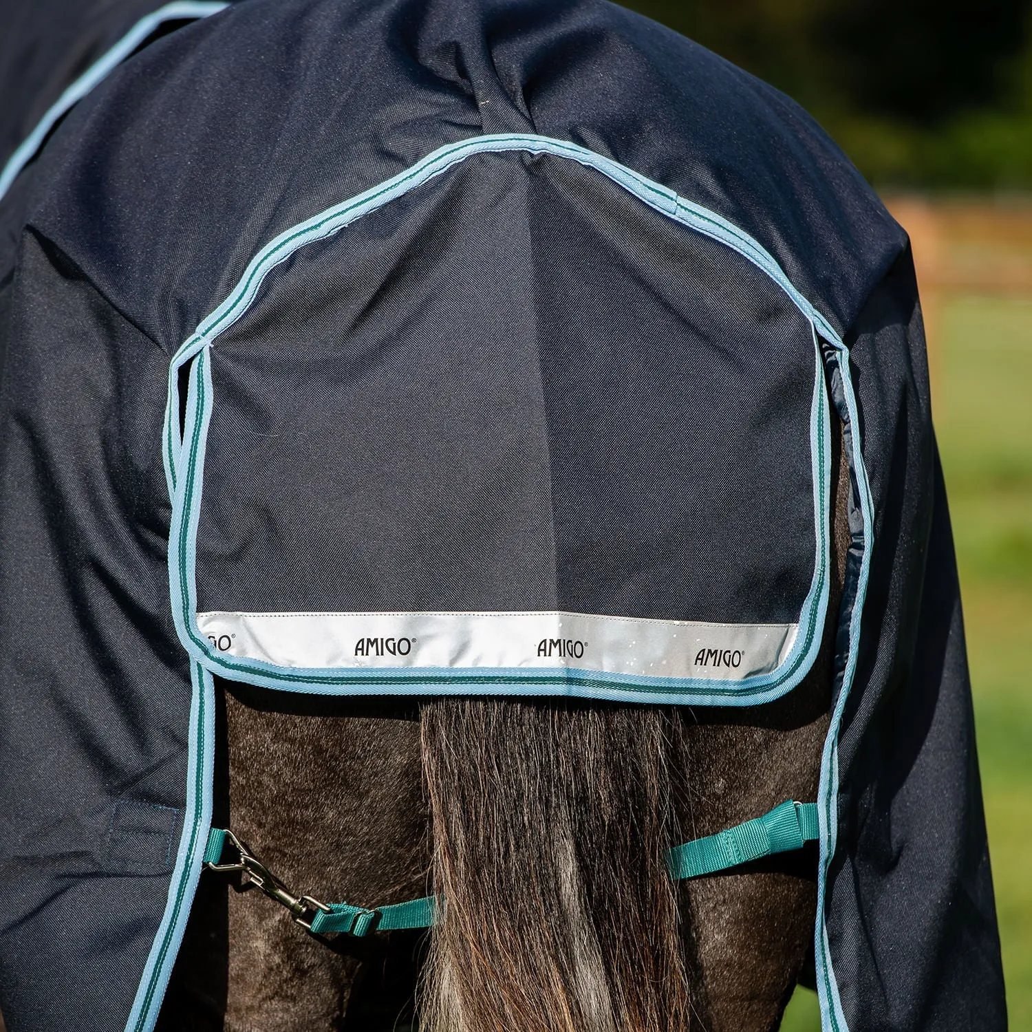 Amigo Bravo 12 Plus Horse Turnout Blanket with 250 gram fill, Navy/Aqua