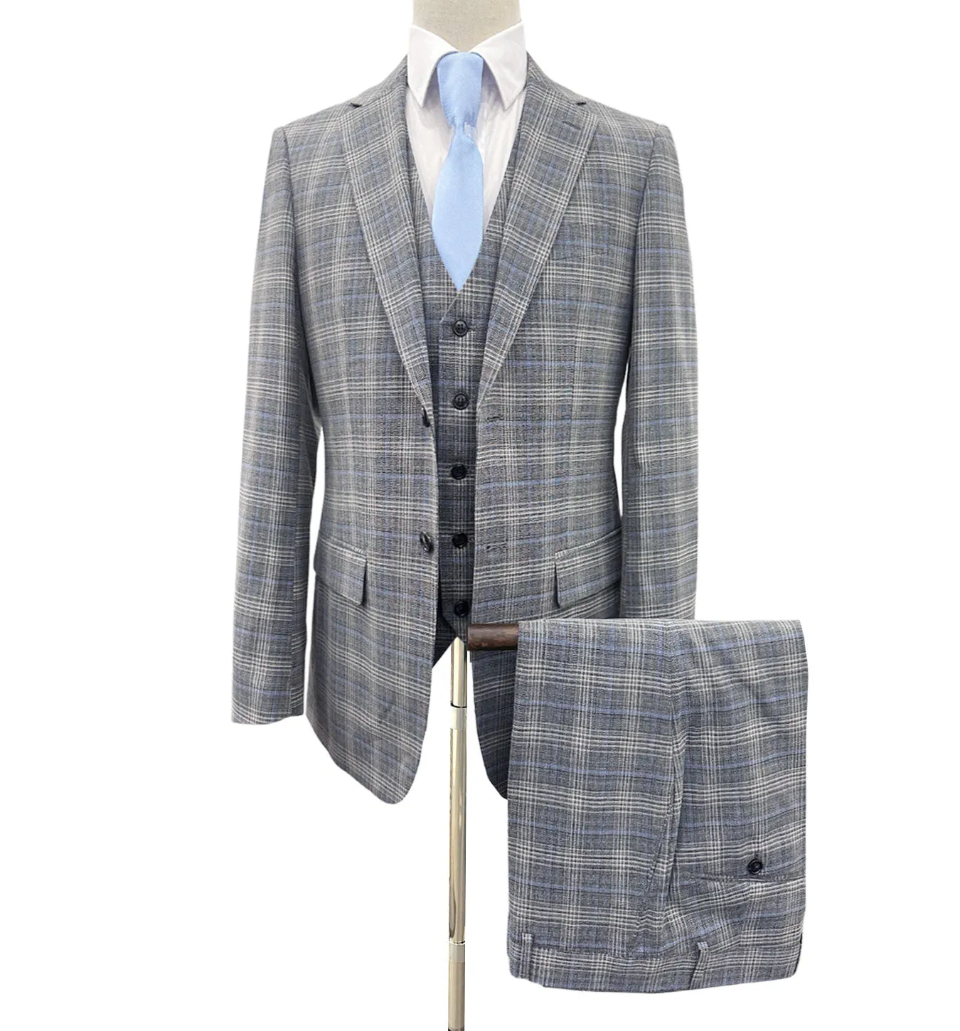 Angelo Rossi Glen Check Modern Fit Vested Suit - Gray with Blue