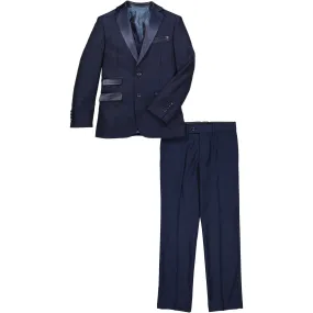 AXNY Boys 3 Piece Navy Satin Lapeled Slim Suit