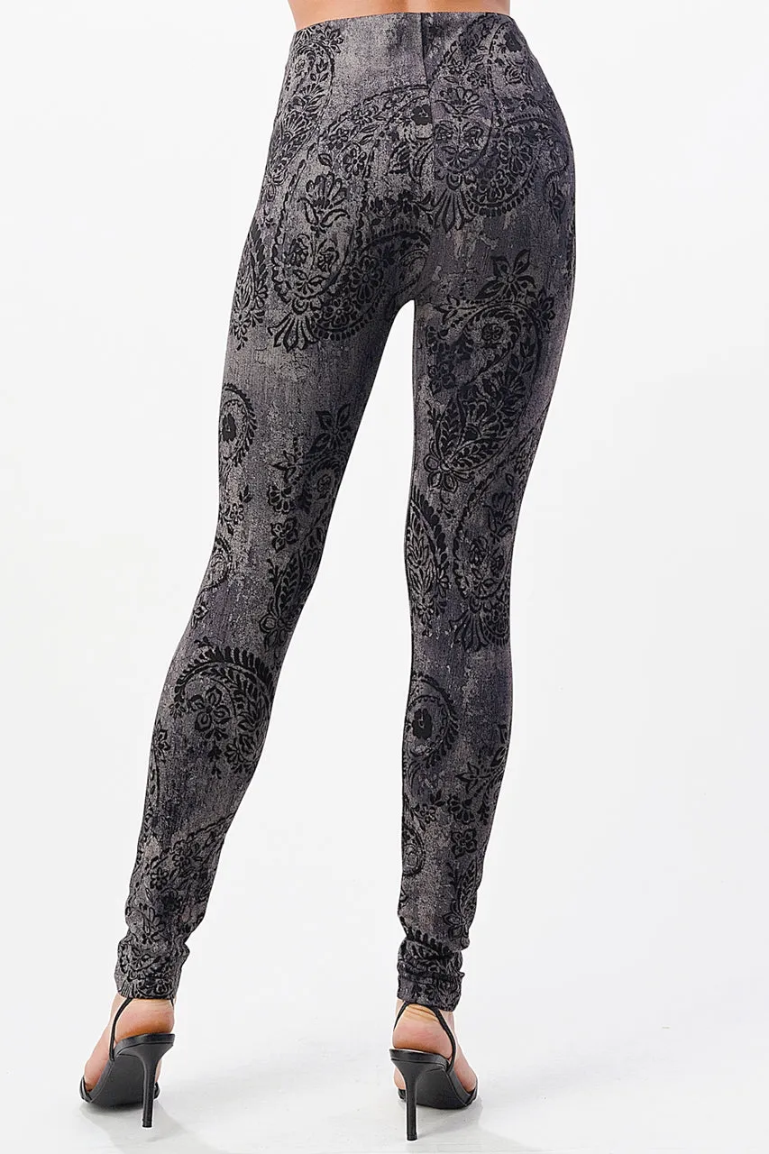 B4292CR High Waist Leggings with Paisley Motif Pattern