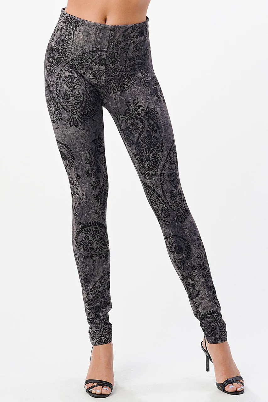 B4292CR High Waist Leggings with Paisley Motif Pattern