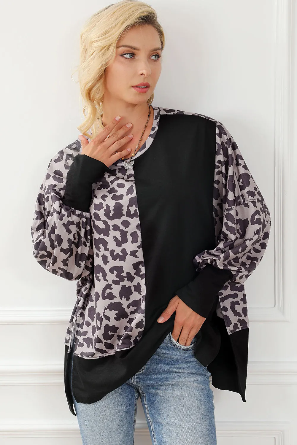 Black Leopard Patchwork Bishop Sleeve Slit Sweatshirt