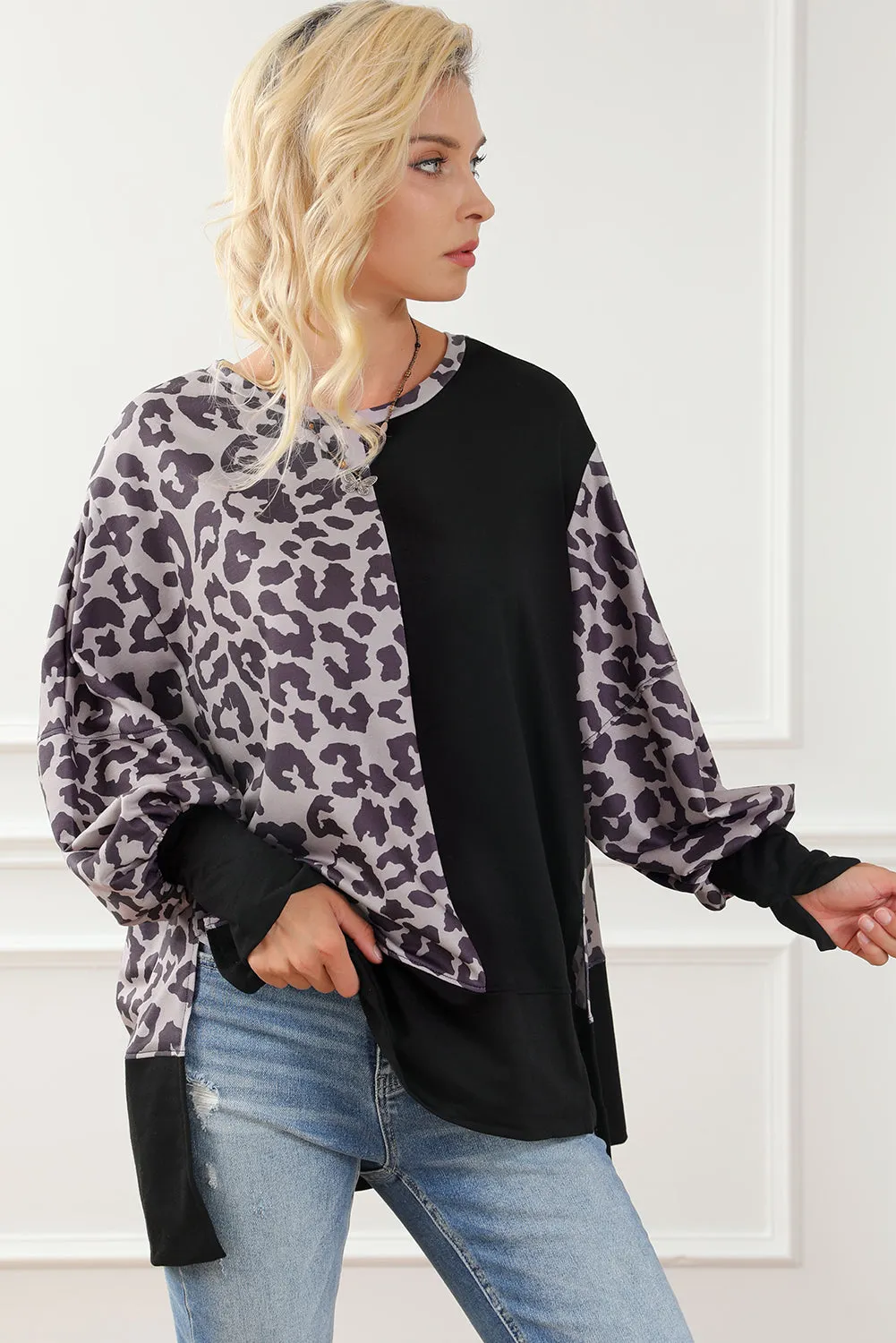 Black Leopard Patchwork Bishop Sleeve Slit Sweatshirt