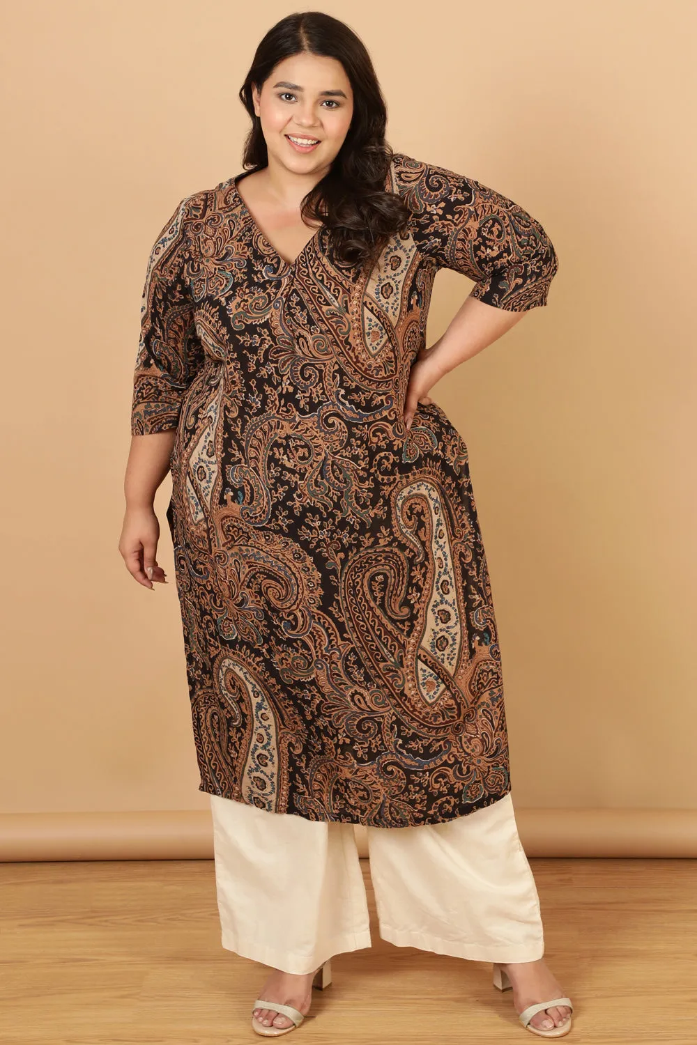 Black Paisley Print Cotton Kurta