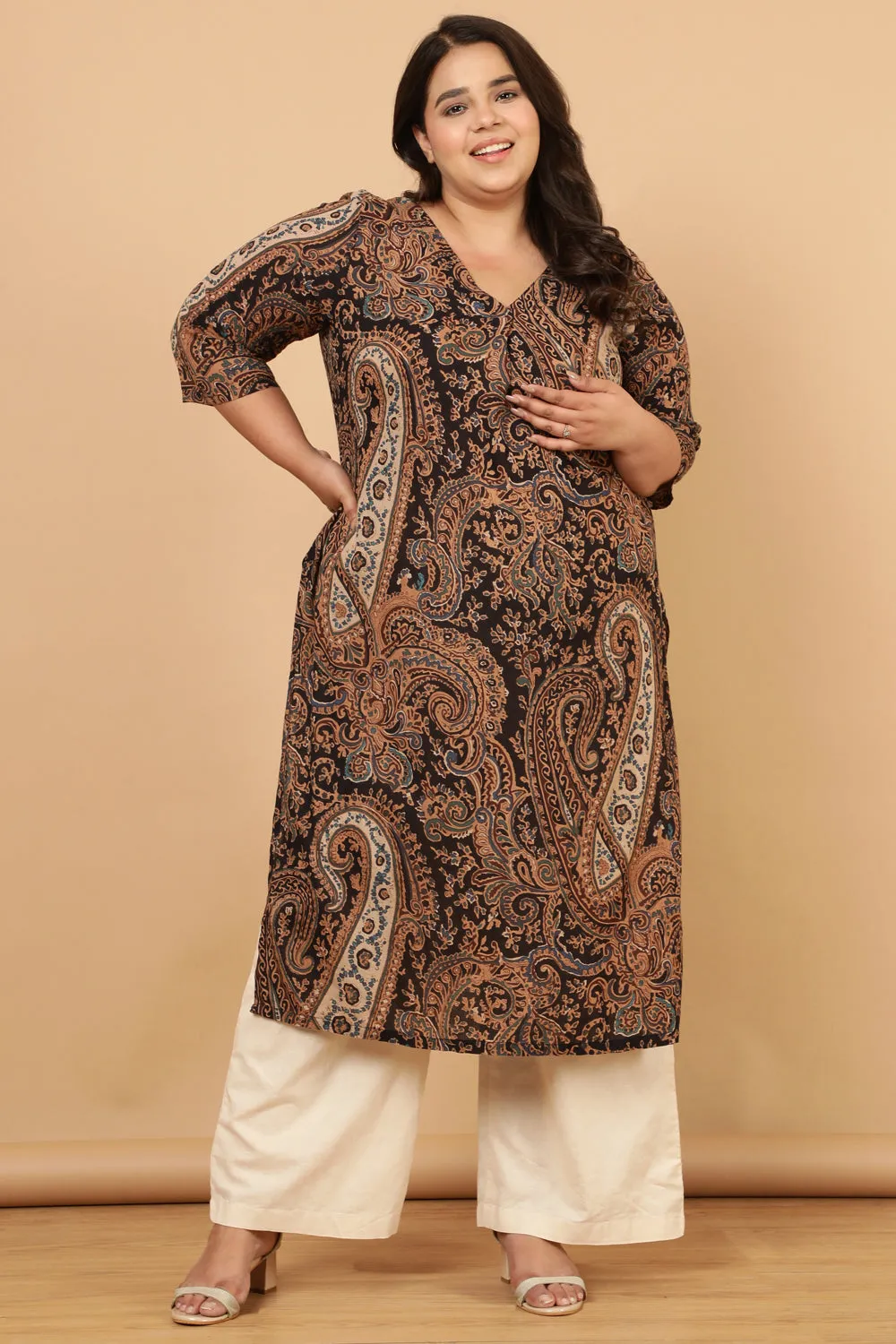 Black Paisley Print Cotton Kurta