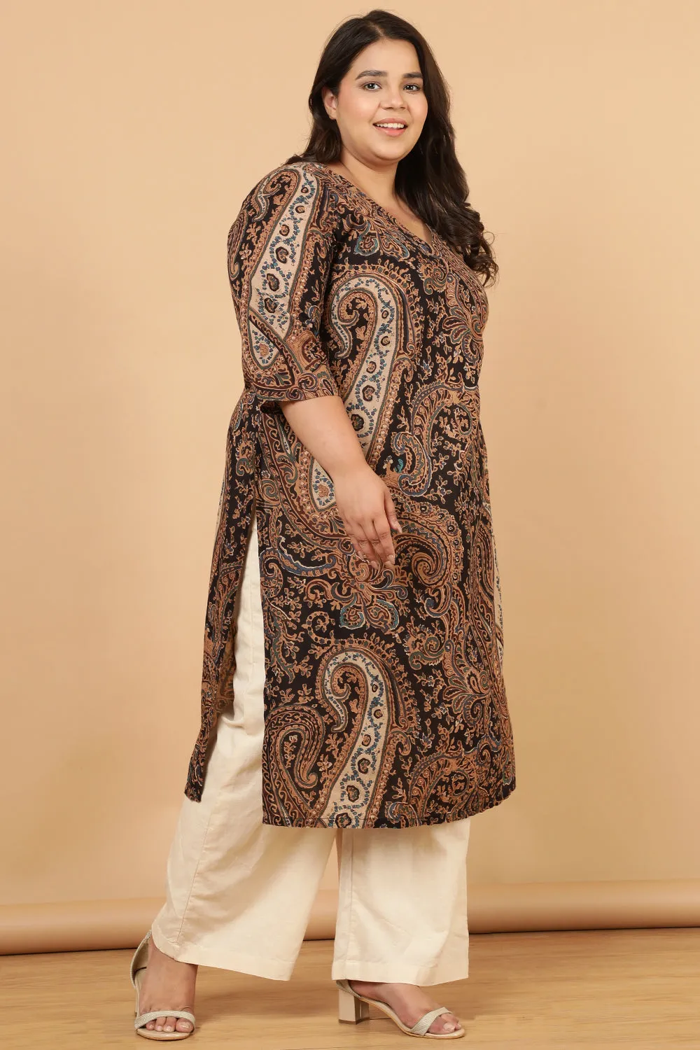 Black Paisley Print Cotton Kurta