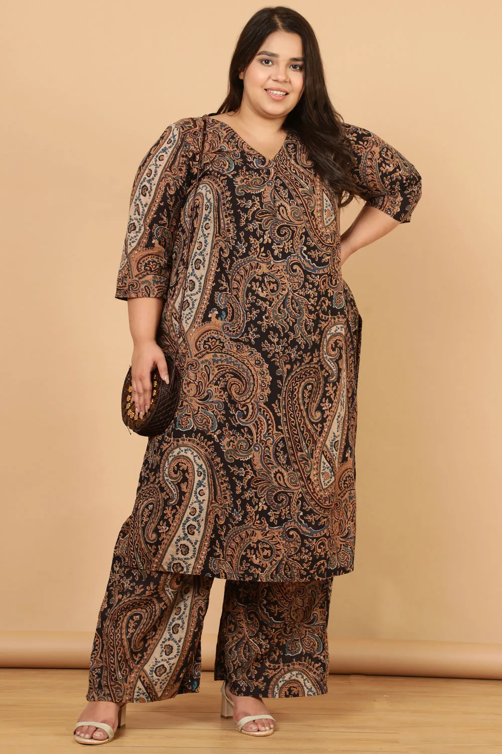 Black Paisley Print Cotton Kurta