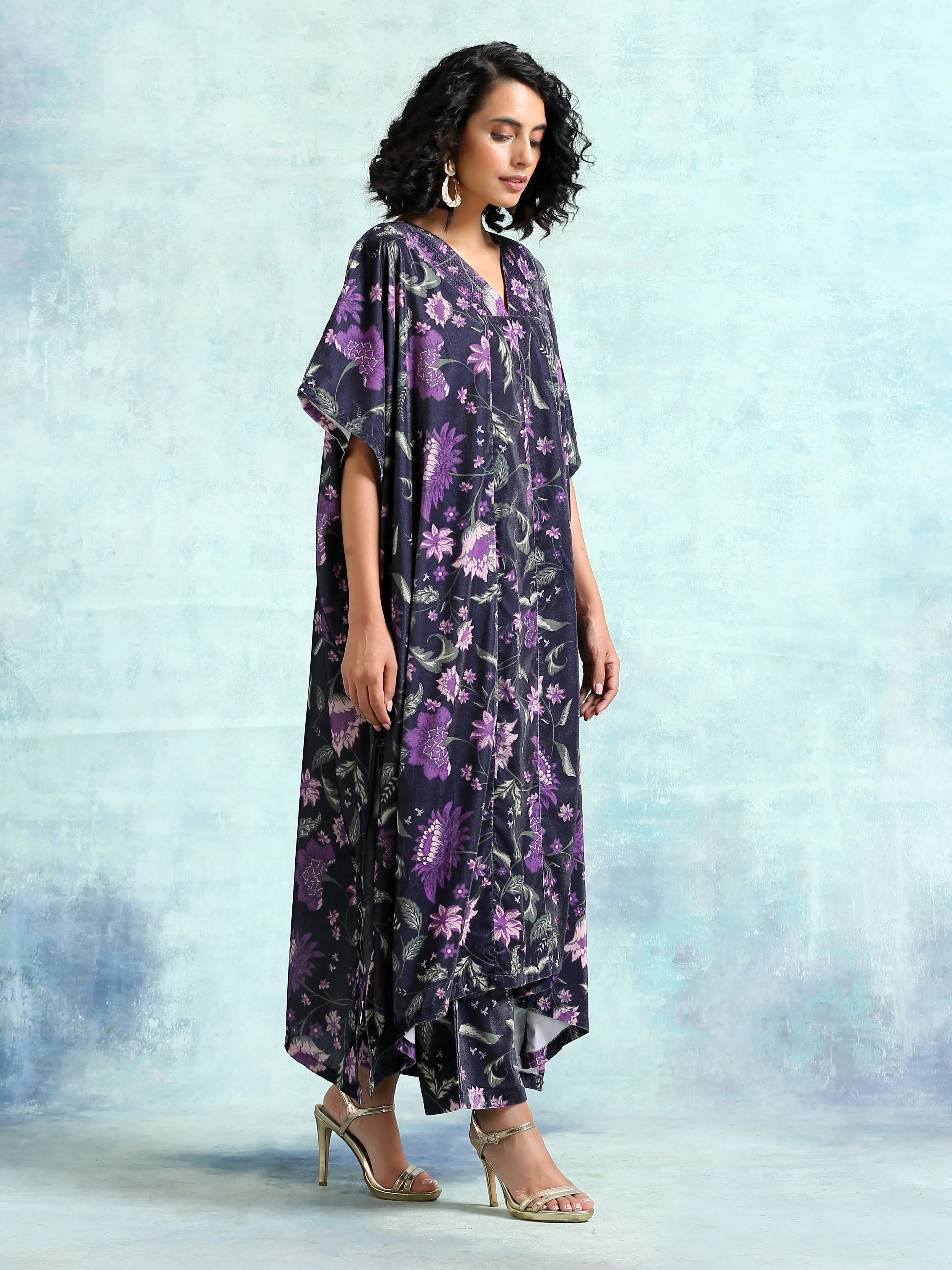 Black Printed Velvet Kaftan Kurta