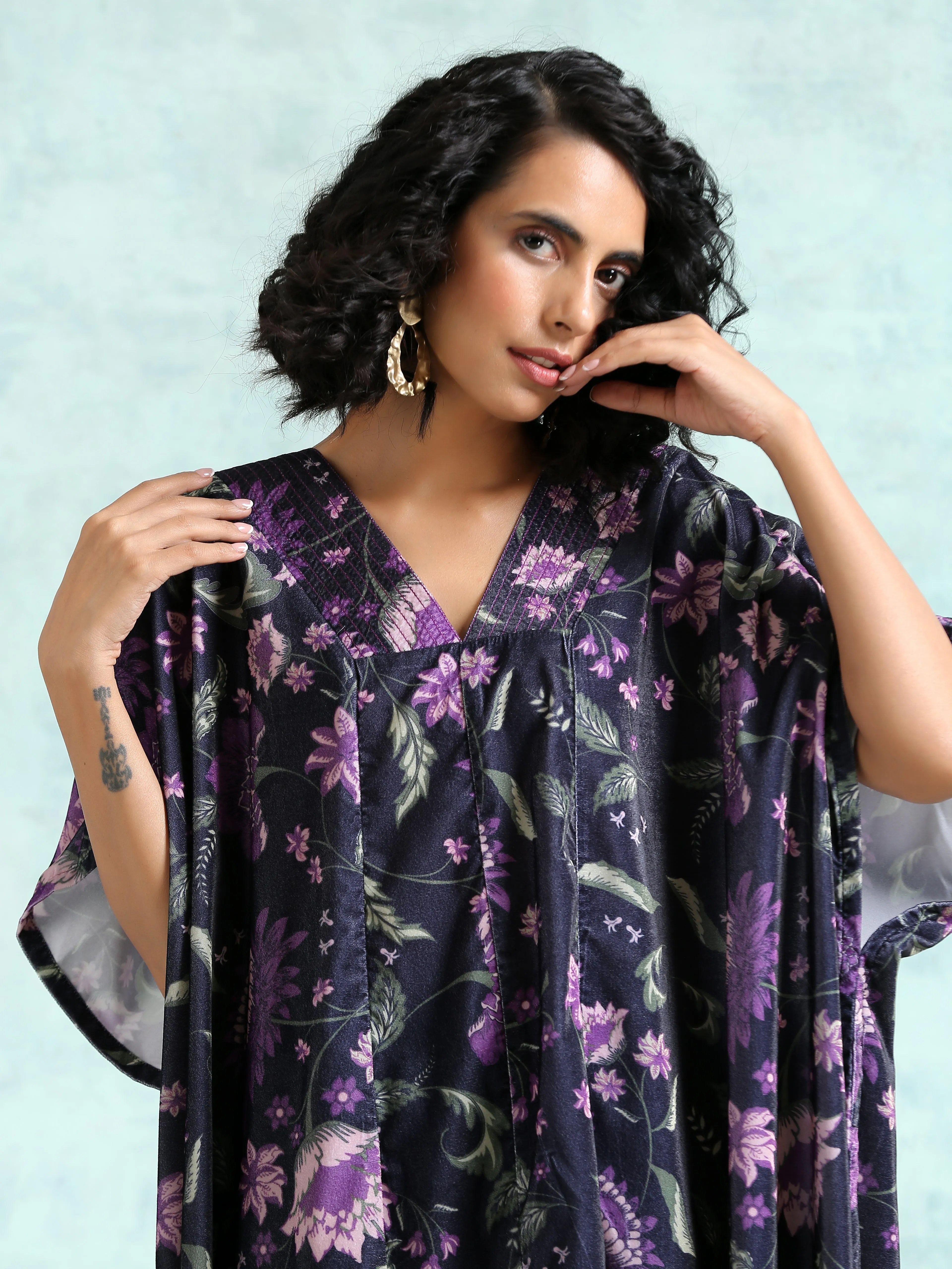 Black Printed Velvet Kaftan Kurta