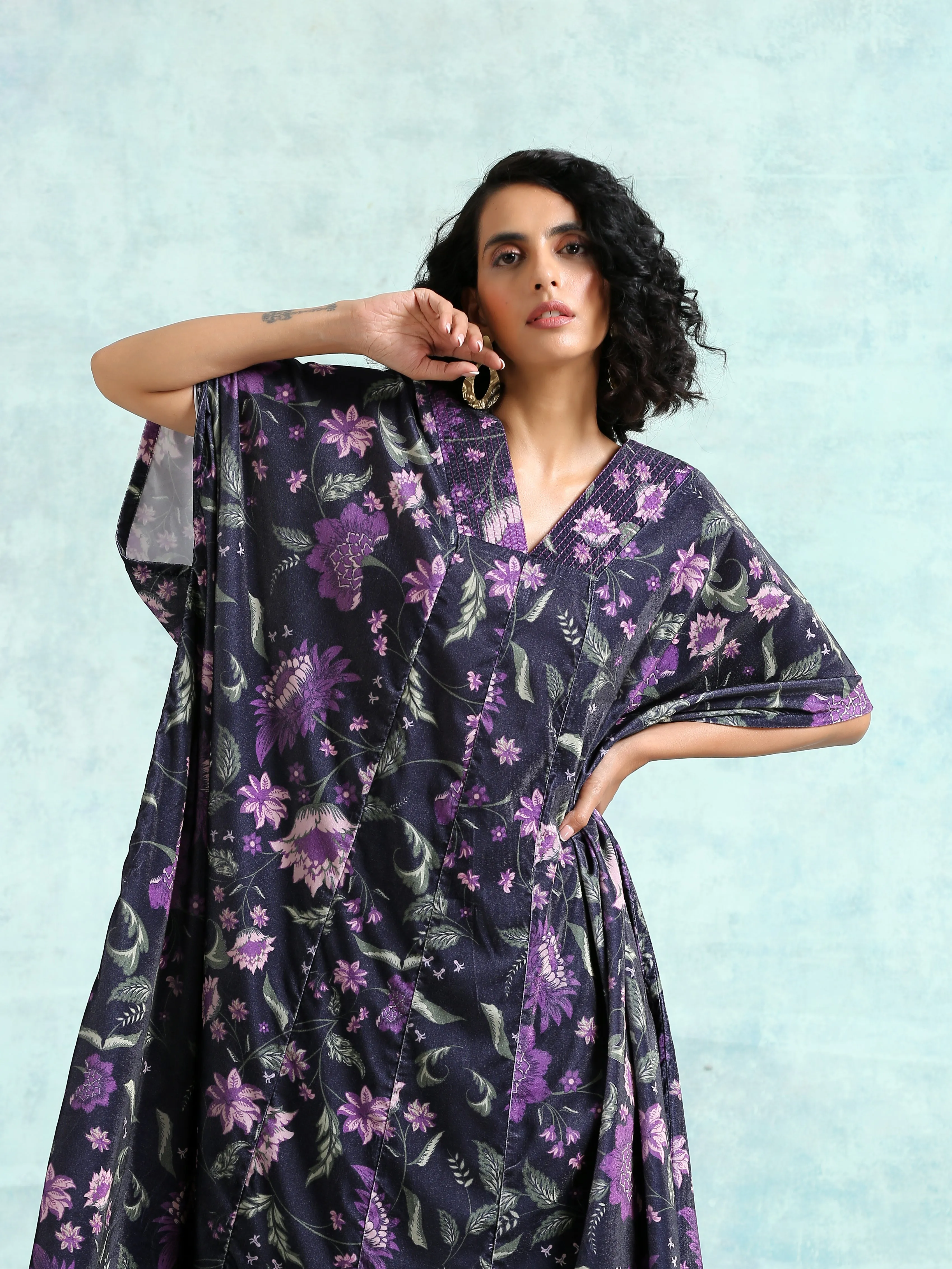 Black Printed Velvet Kaftan Kurta