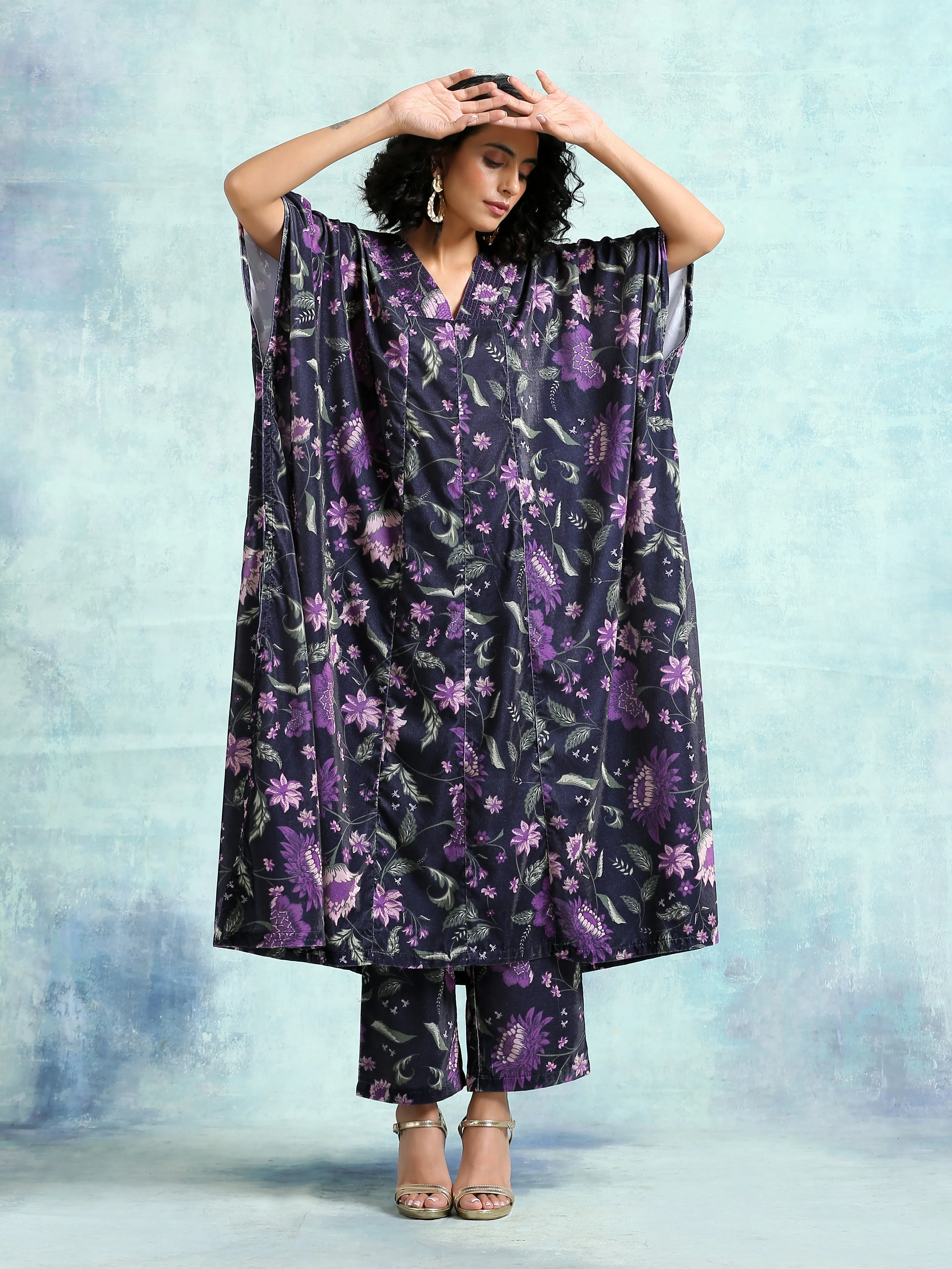 Black Printed Velvet Kaftan Kurta