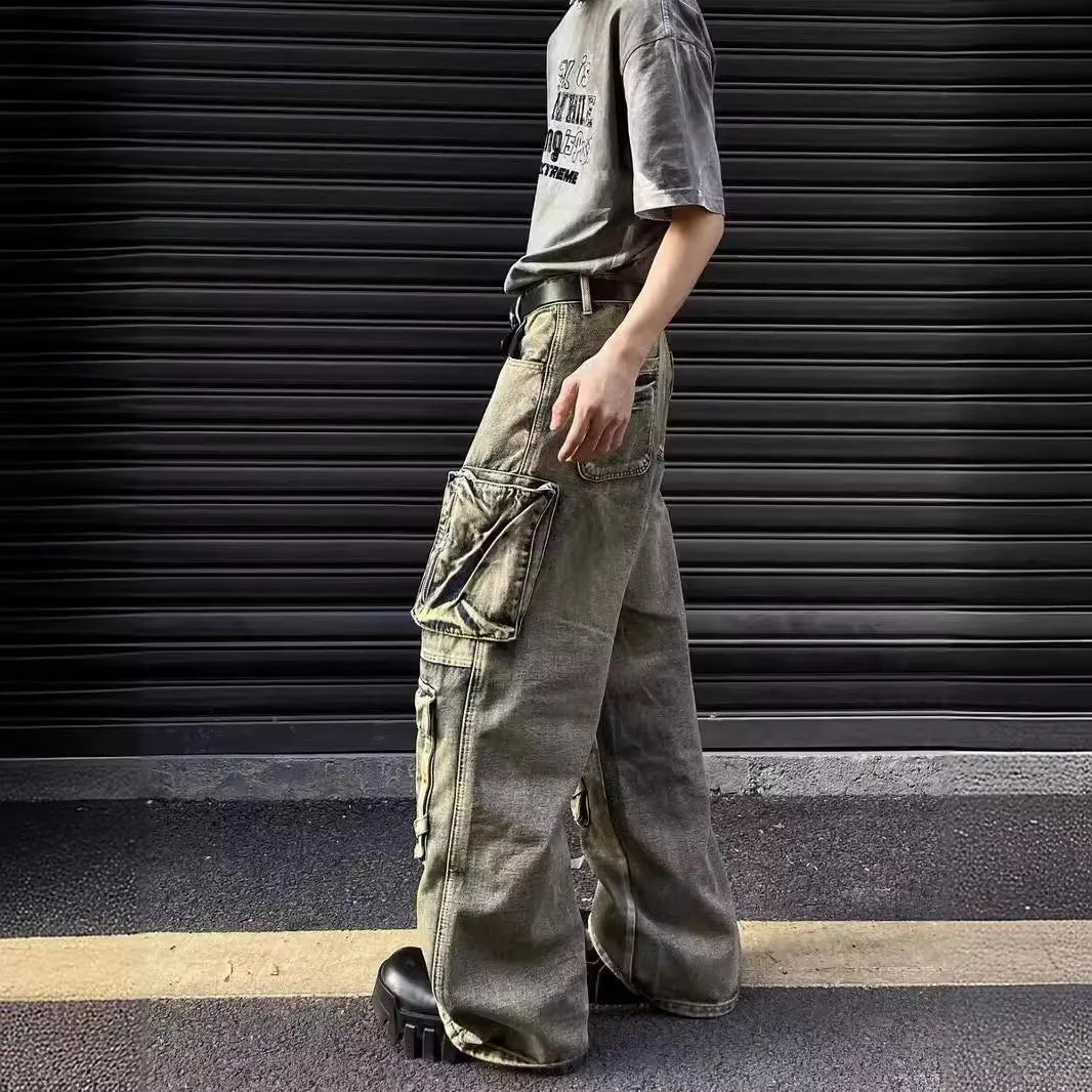 Bonsir boy outfits Waste Soil Style Multi-Pocket Denim Overalls Men and Women Vibe Niche Wide-Leg Loose Straight Trousers