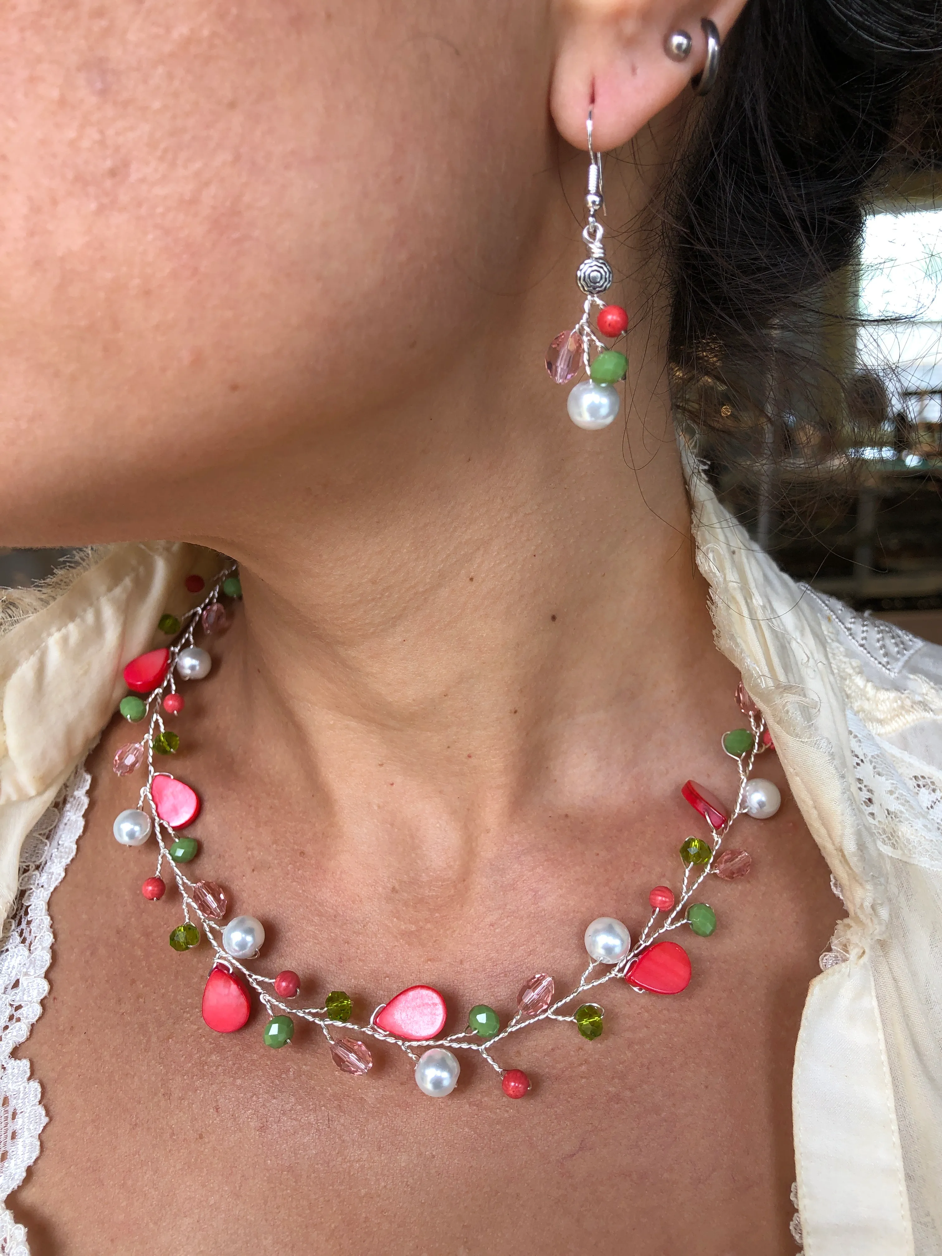 Branch Earrings- Pink, Green, & White