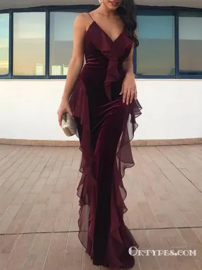 Burgundy  Spaghetti Straps Long Velvet Evening Gowns With Ruffles Prom Dresses, TYP1680