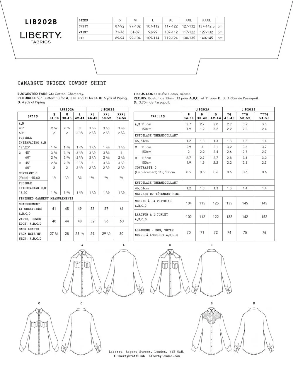 Camargue Cowboy Shirt Sewing Pattern, Liberty Fabrics