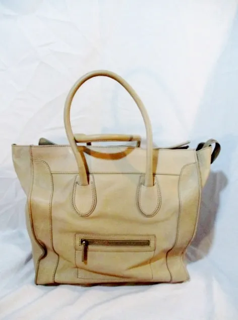 CELINE PARIS ITALY Leather MEDIUM SHOPPER Tote Bag TAUPE BROWN BEIGE