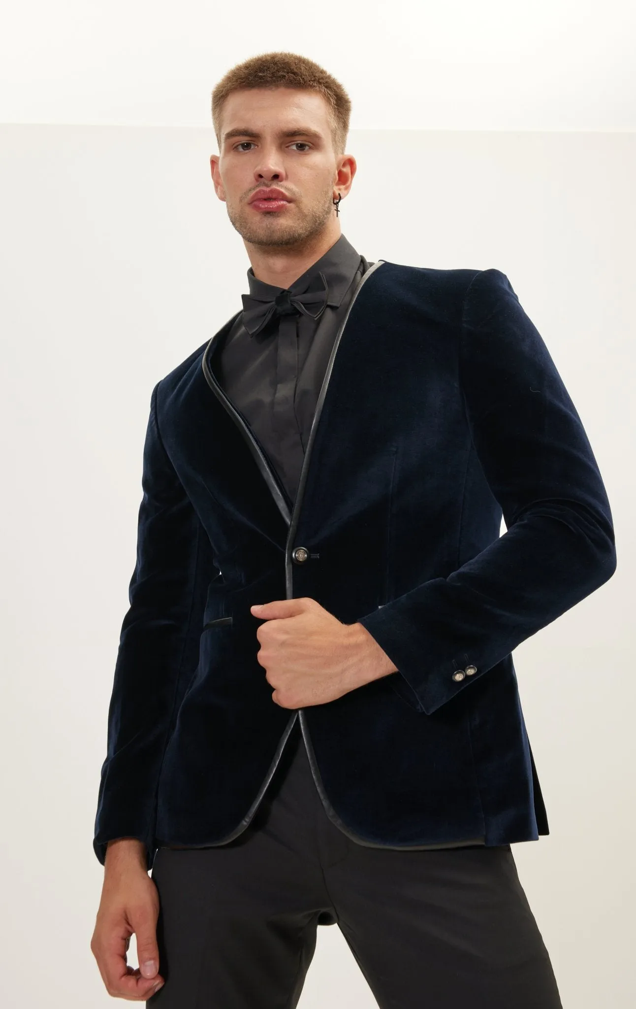 Collarless Italian Velvet Tuxedo Jacket - Navy