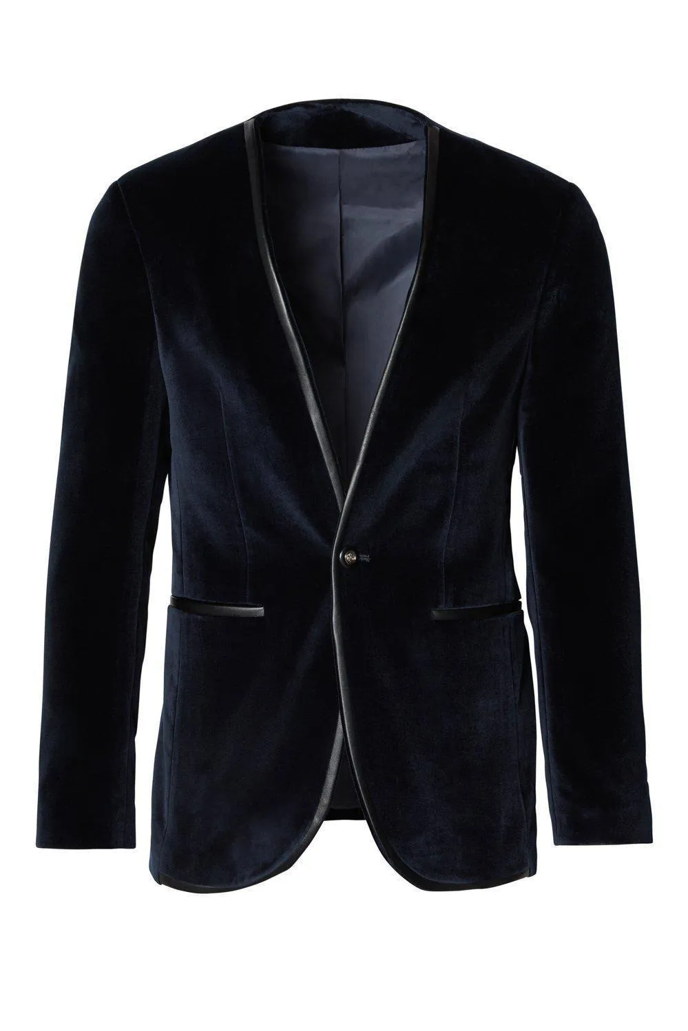 Collarless Italian Velvet Tuxedo Jacket - Navy