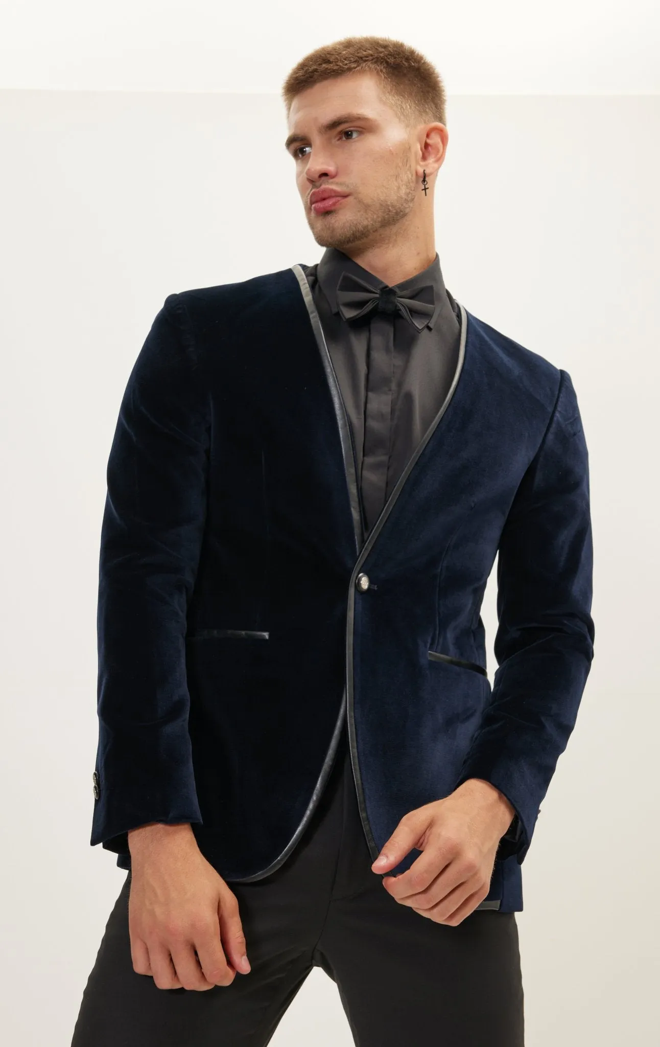 Collarless Italian Velvet Tuxedo Jacket - Navy