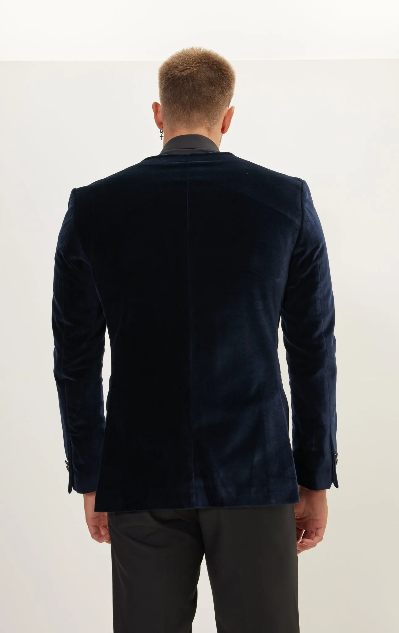 Collarless Italian Velvet Tuxedo Jacket - Navy