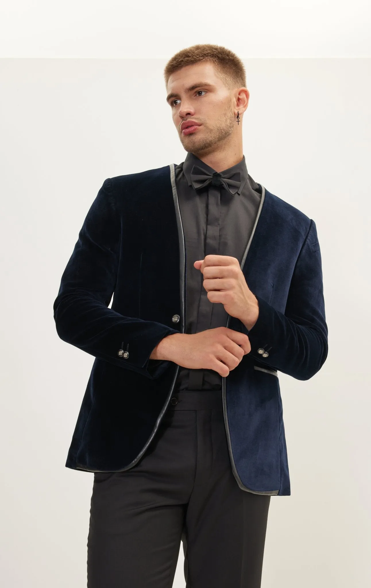 Collarless Italian Velvet Tuxedo Jacket - Navy