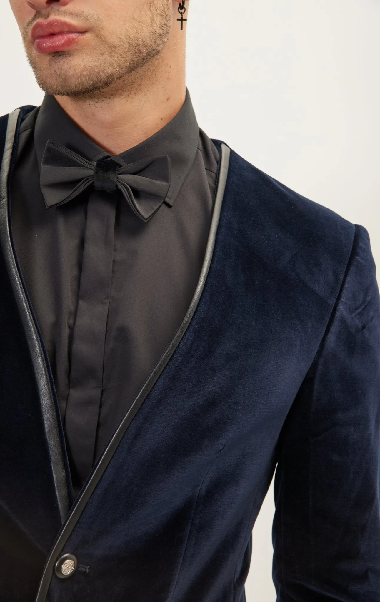 Collarless Italian Velvet Tuxedo Jacket - Navy