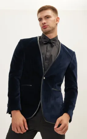 Collarless Italian Velvet Tuxedo Jacket - Navy