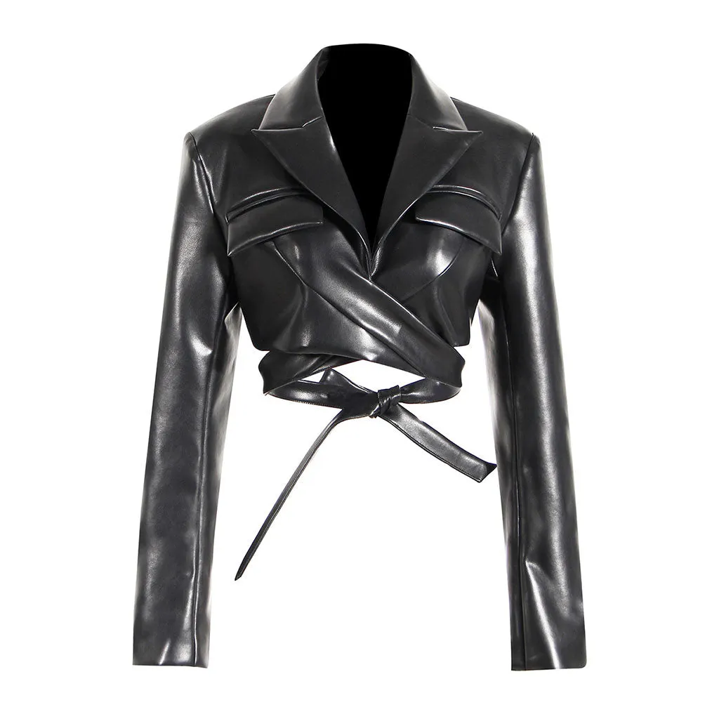 Cool Crossover Wrap Tie Lapel Collar Shoulder Pad Vegan Leather Cropped Blazer