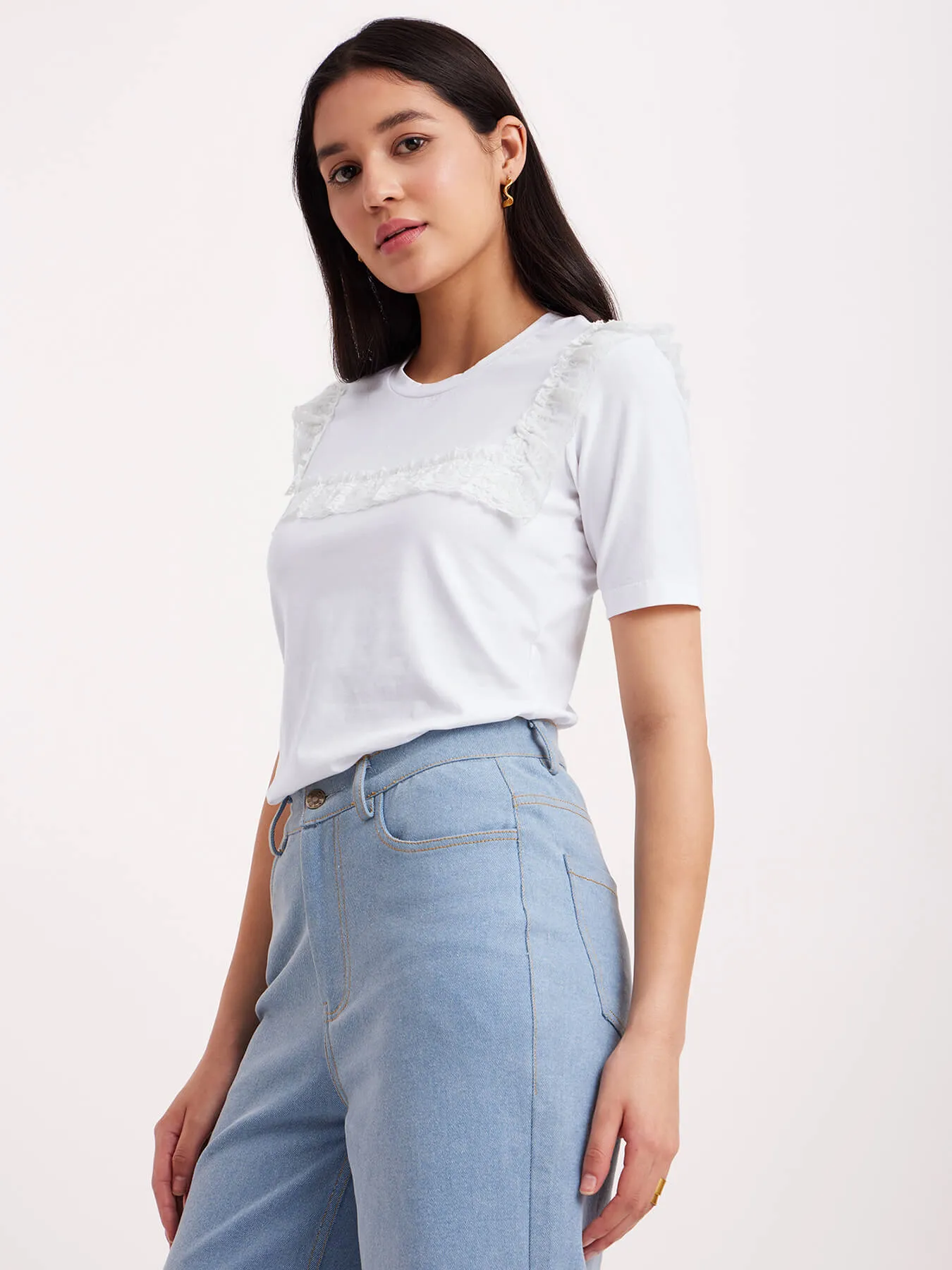 Crew Neck Lace Top - White