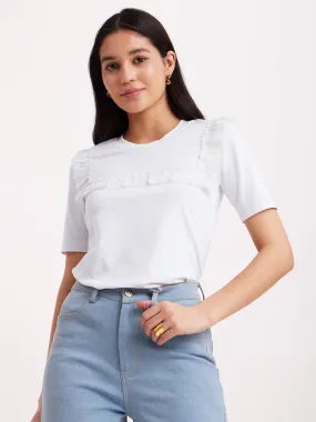 Crew Neck Lace Top - White