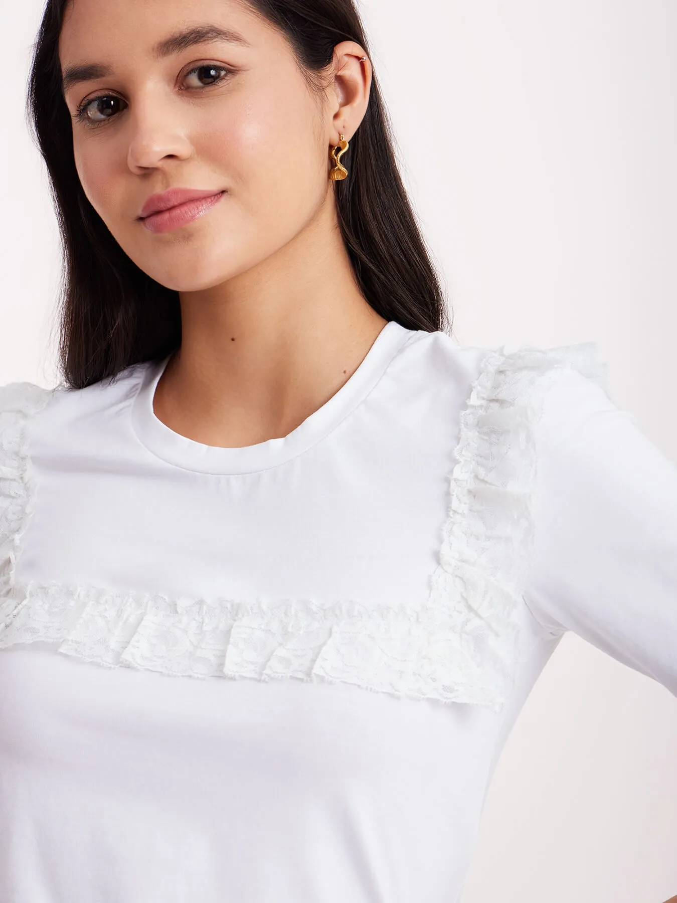 Crew Neck Lace Top - White