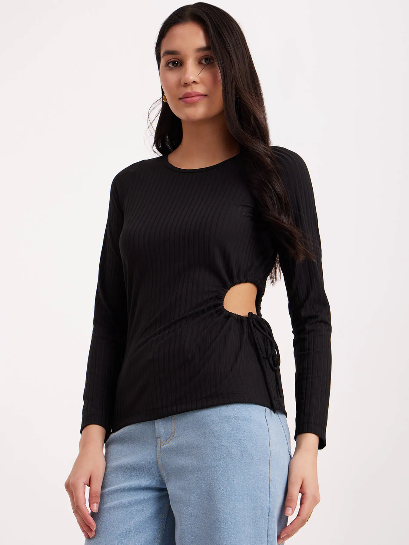 Cutout Rib Knit Top - Black