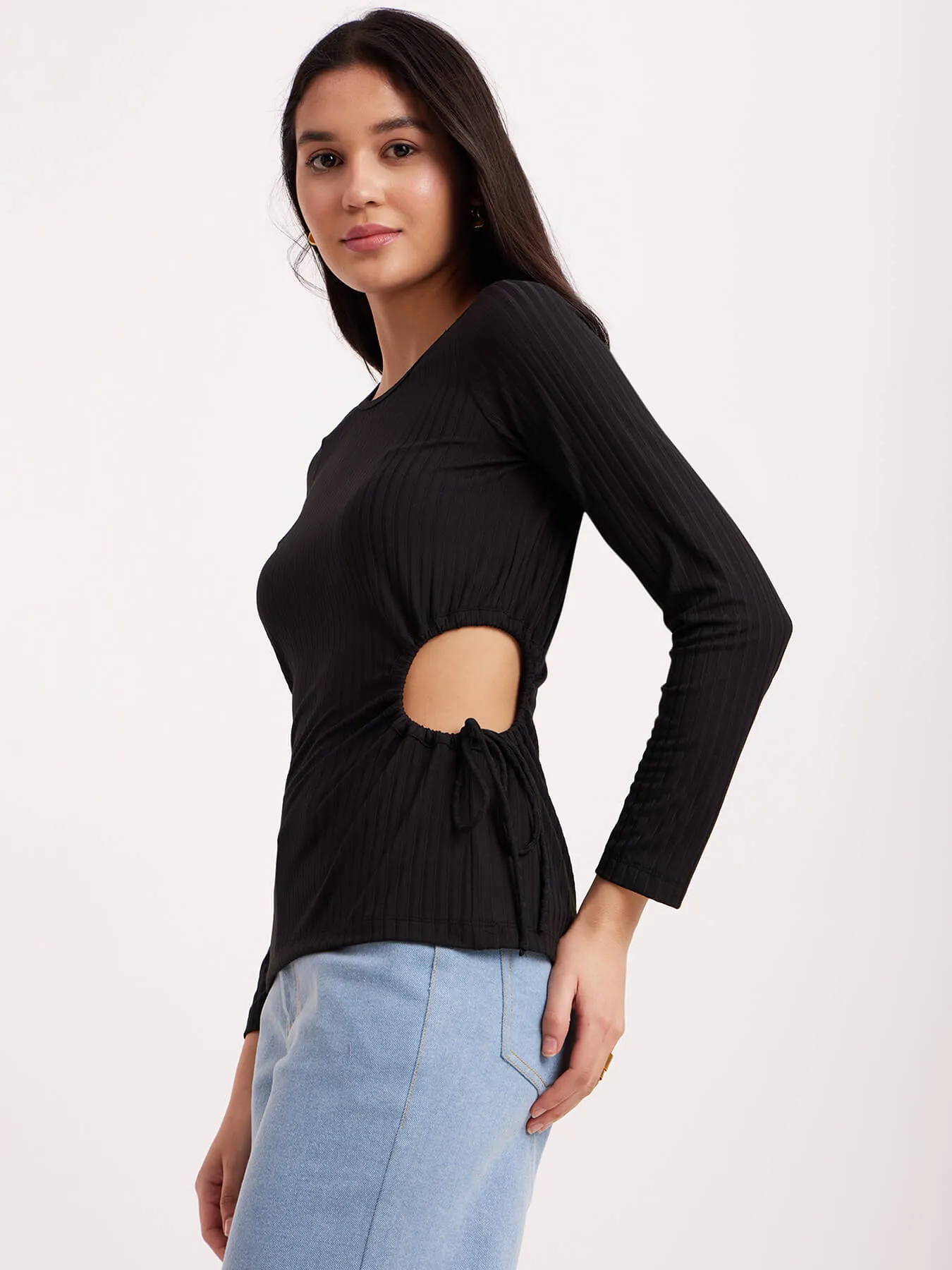 Cutout Rib Knit Top - Black