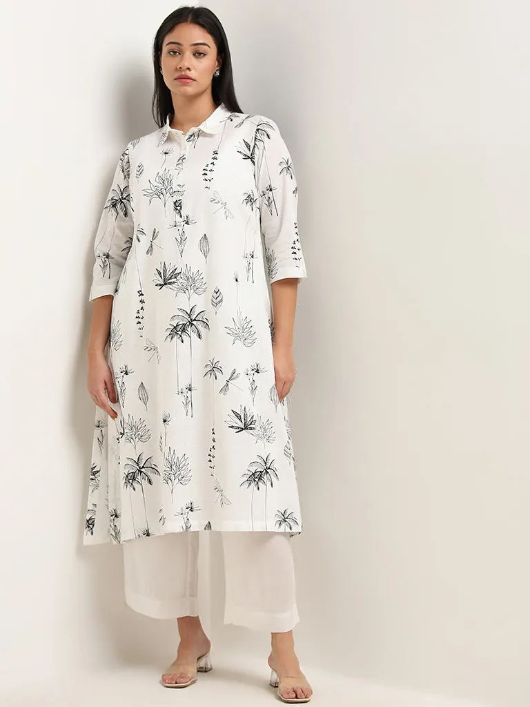 Diza White Foliage Design A-Line Cotton Kurta