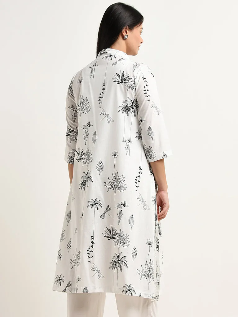 Diza White Foliage Design A-Line Cotton Kurta